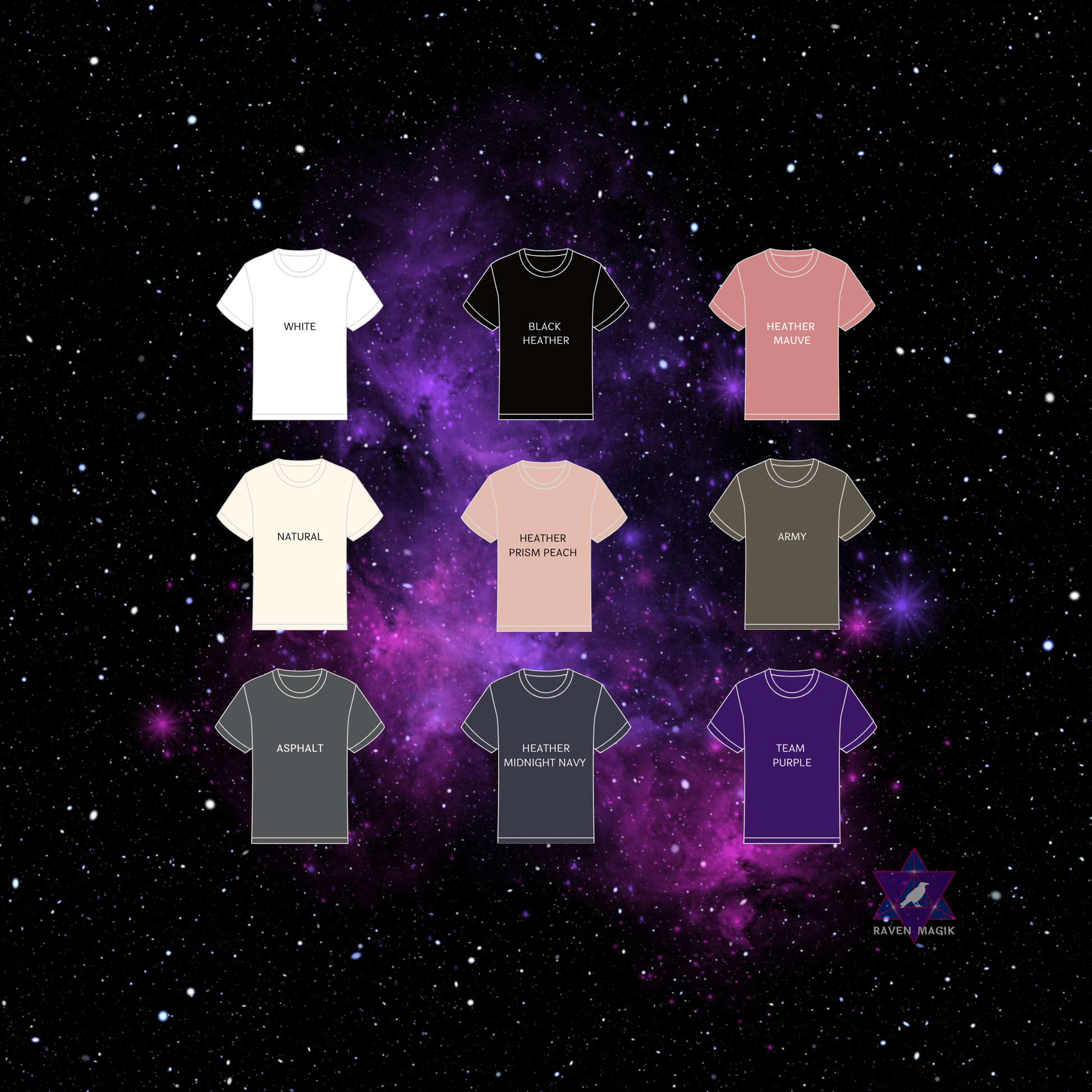 Collection of t-shirts in various colors on a starry space background