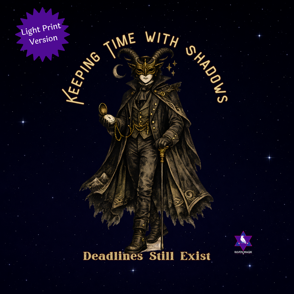 Dark Print Image: Enlarged Capricorn “Keeping Time with Shadows / Deadlines Still Exist” artwork showing the print version used on dark Vintage Zodiac long sleeve shirts.