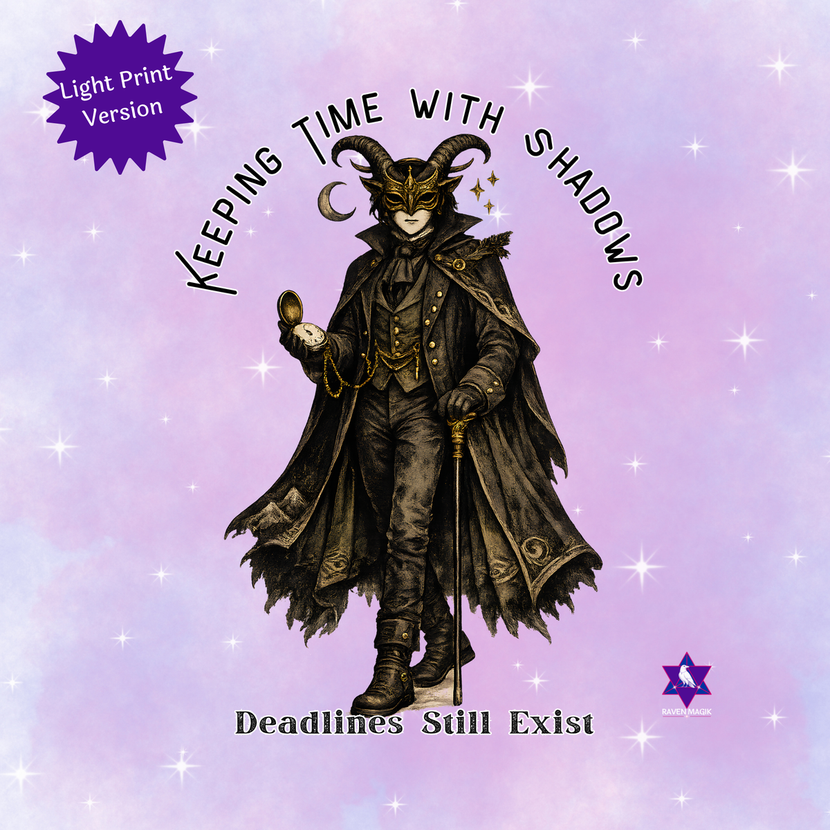 Light Print Image: Enlarged Capricorn “Keeping Time with Shadows / Deadlines Still Exist” artwork showing the print version used on light Vintage Zodiac long sleeve shirts.
