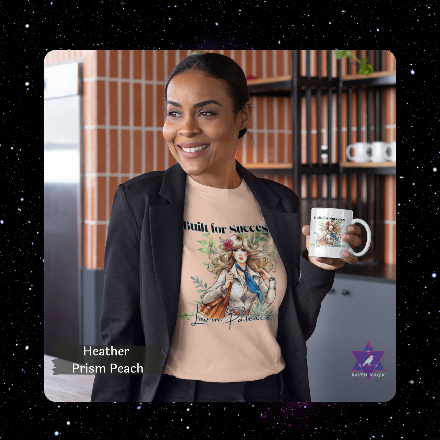 Woman holding a mug with a design, wearing a shirt with text and graphics, in an indoor setting. Capricorn Zodiac T-shirt with “Built for Success and Low on Patience” slogan, styled for ambitious, unbothered energy.