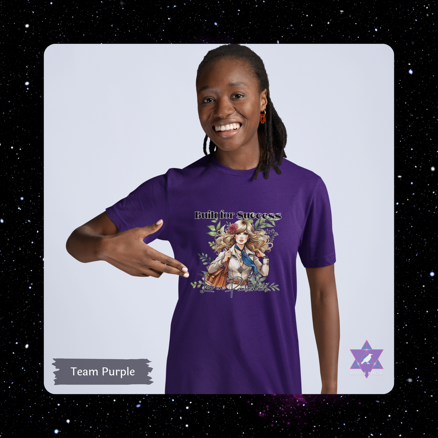 Person wearing a purple t-shirt with a graphic design on a starry background. Capricorn Zodiac T-shirt with “Built for Success and Low on Patience” slogan, styled for ambitious, unbothered energy.