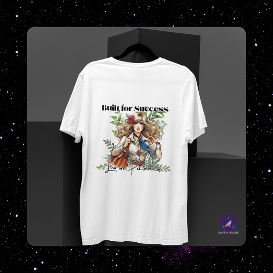 White t-shirt with a graphic design and text on a black background. Capricorn Zodiac T-shirt with “Built for Success and Low on Patience” slogan, styled for ambitious, unbothered energy.