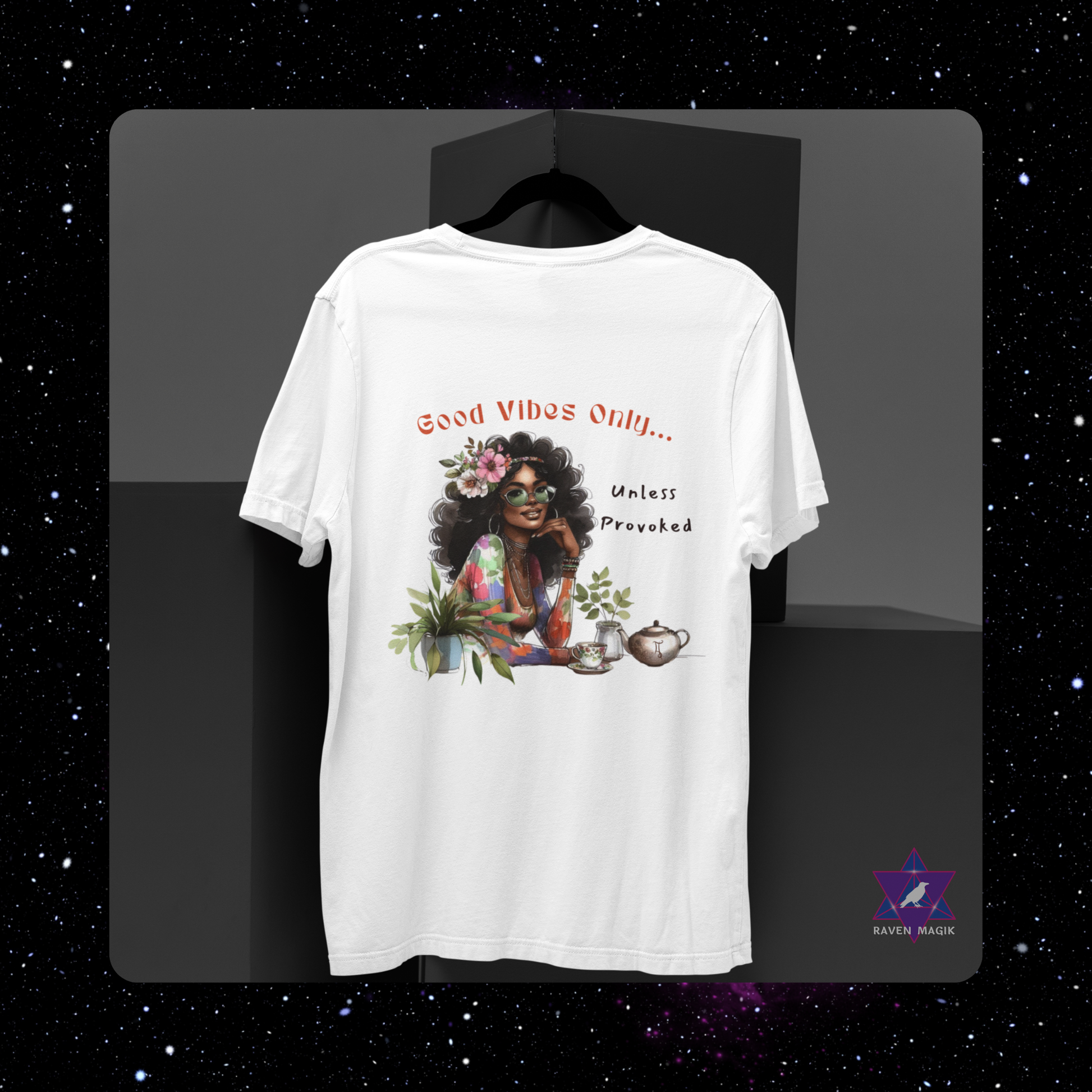 White t-shirt with a graphic design of a woman with flowers and text on a black background. Gemini Zodiac T-shirt with “Good Vibes Only – Unless Provoked” slogan, styled for playful, expressive energy.