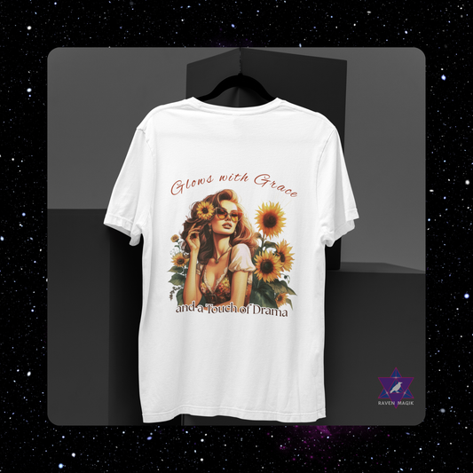 Leo Zodiac T-shirt with “Glows with Grace and a Touch of Drama” slogan, styled for bold, radiant energy.