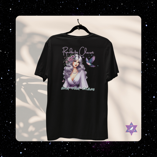 Black t-shirt with a graphic design of a woman with flowers and text on a white background. Libra Archetype T-shirt with “Radiates Charm and Mild Chaos” slogan, styled for magnetic, indecisive energy and aesthetic flair.