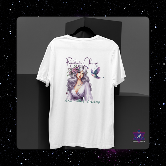 White t-shirt with a graphic design of a woman with purple hair and text on a black background. Libra Zodiac T-shirt with “Radiates Charm and Mild Chaos” slogan, styled for magnetic, balanced energy.