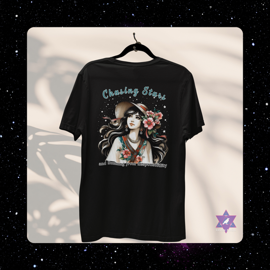 Black t-shirt with a graphic design of a woman with flowers and text 'Chasing Stars and Running from Responsibility ' on a white background. Styled for adventurous, freedom-loving energy and cosmic wanderust.