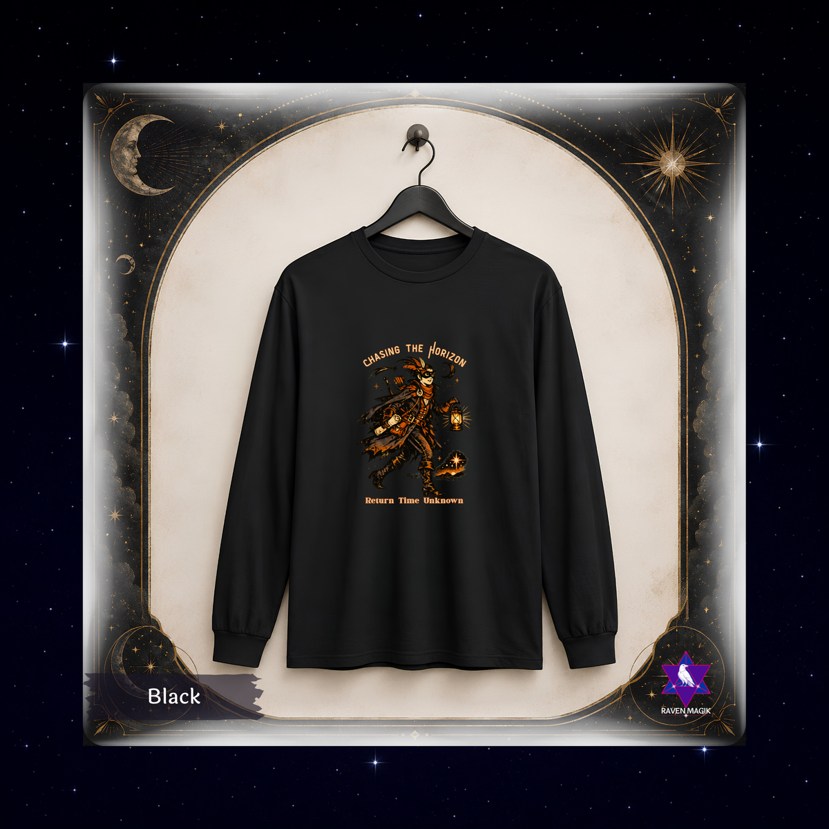 Black: Sagittarius-inspired vintage masquerade long sleeve shirt in black with lantern, map, and firelit artwork reading “Chasing the Horizon / Return Time Unknown.”