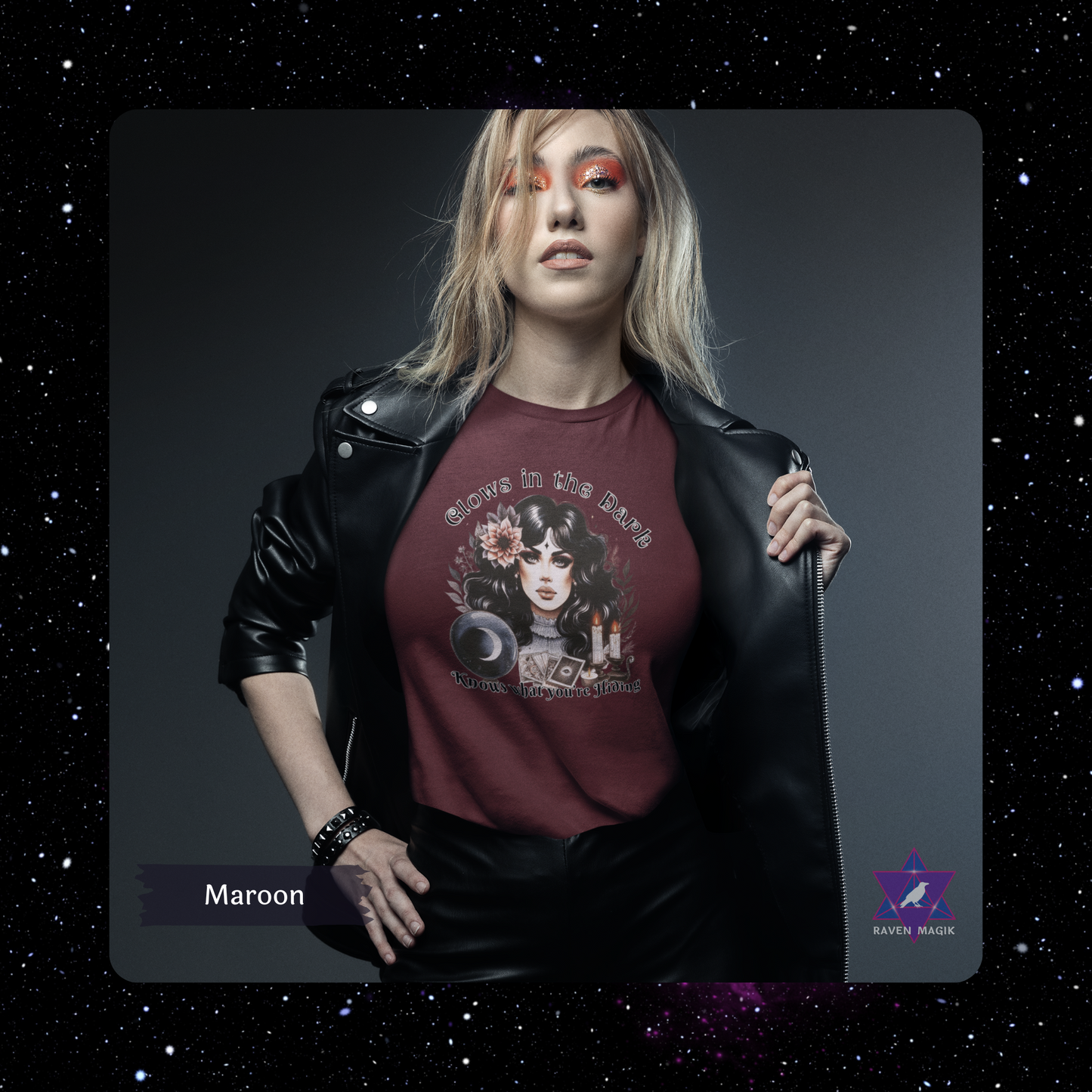 Person wearing a maroon t-shirt with a graphic design on a dark background. Scorpio Archetype T-shirt with “Glows in the Dark and Knows What You’re Hiding” slogan, styled for mysterious, magnetic energy and shadowy charm.
