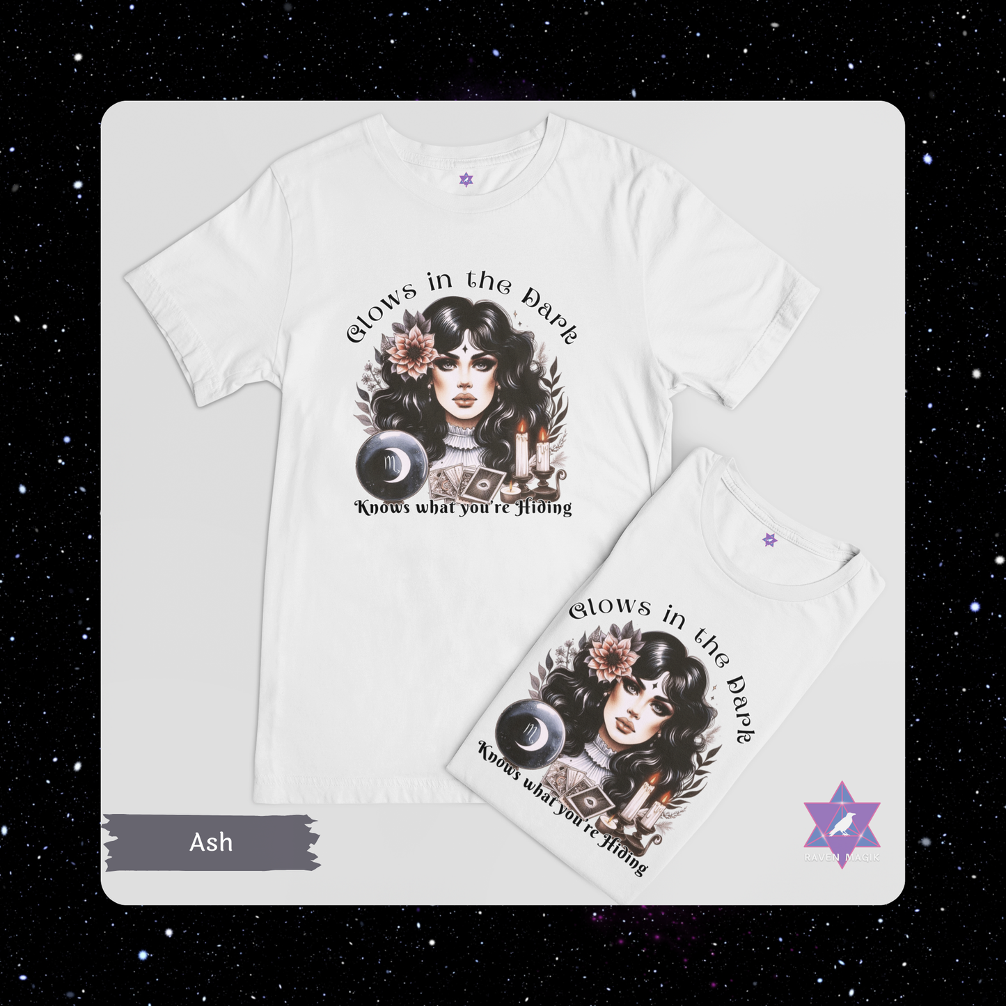 White t-shirt with graphic design and matching pouch on a dark background. Scorpio Zodiac T-shirt with “Glows in the Dark and Knows What You’re Hiding” slogan, styled for intense, psychic energy.