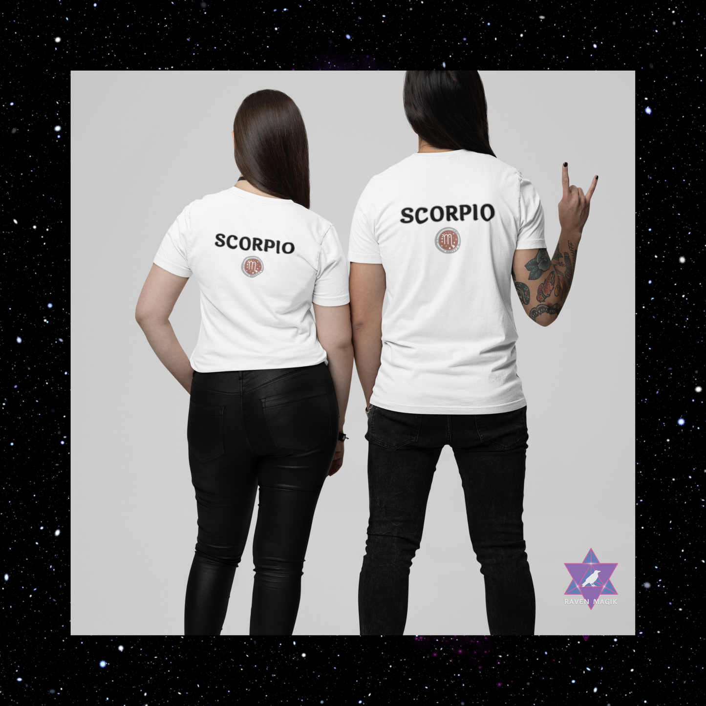 Two people wearing white 'SCORPIO' t-shirts with a star design on a gray background.