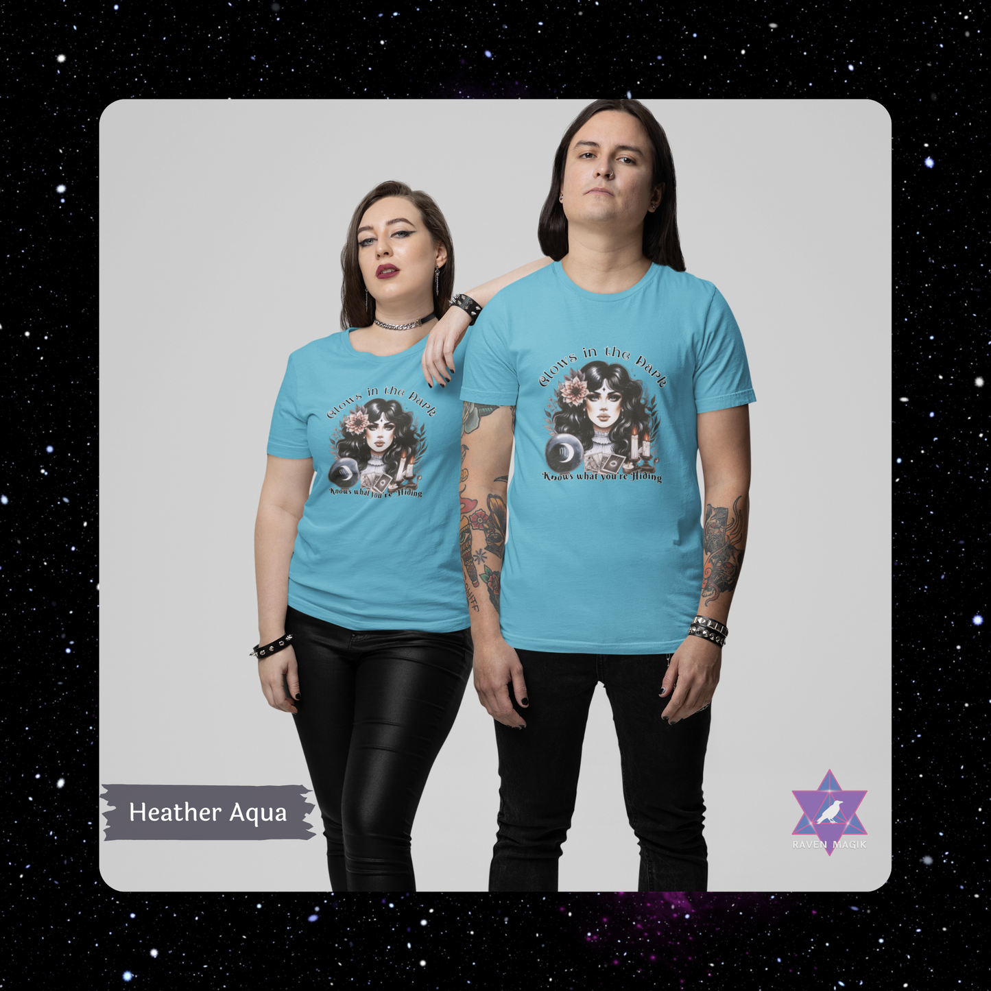 Two people wearing blue t-shirts with a graphic design on a starry background. Scorpio Zodiac T-shirt with “Glows in the Dark and Knows What You’re Hiding” slogan, styled for intense, psychic energy.