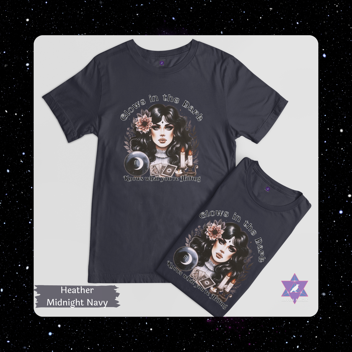 Black t-shirt with graphic design on a white background. Scorpio Zodiac T-shirt with “Glows in the Dark and Knows What You’re Hiding” slogan, styled for intense, psychic energy.
