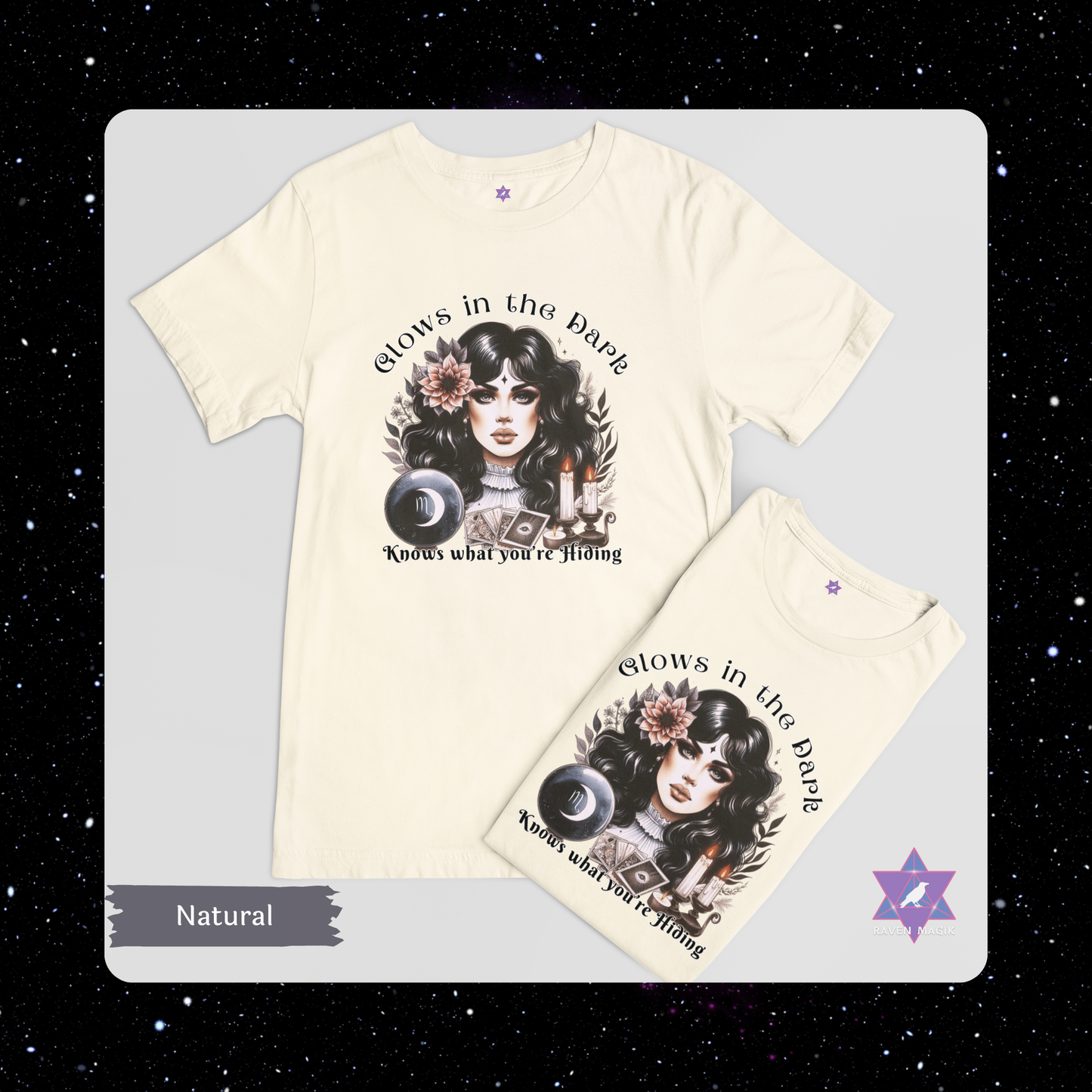 T-shirt with graphic design of a woman and text 'Glowing in the dark knows what you're hiding' on a gray background.