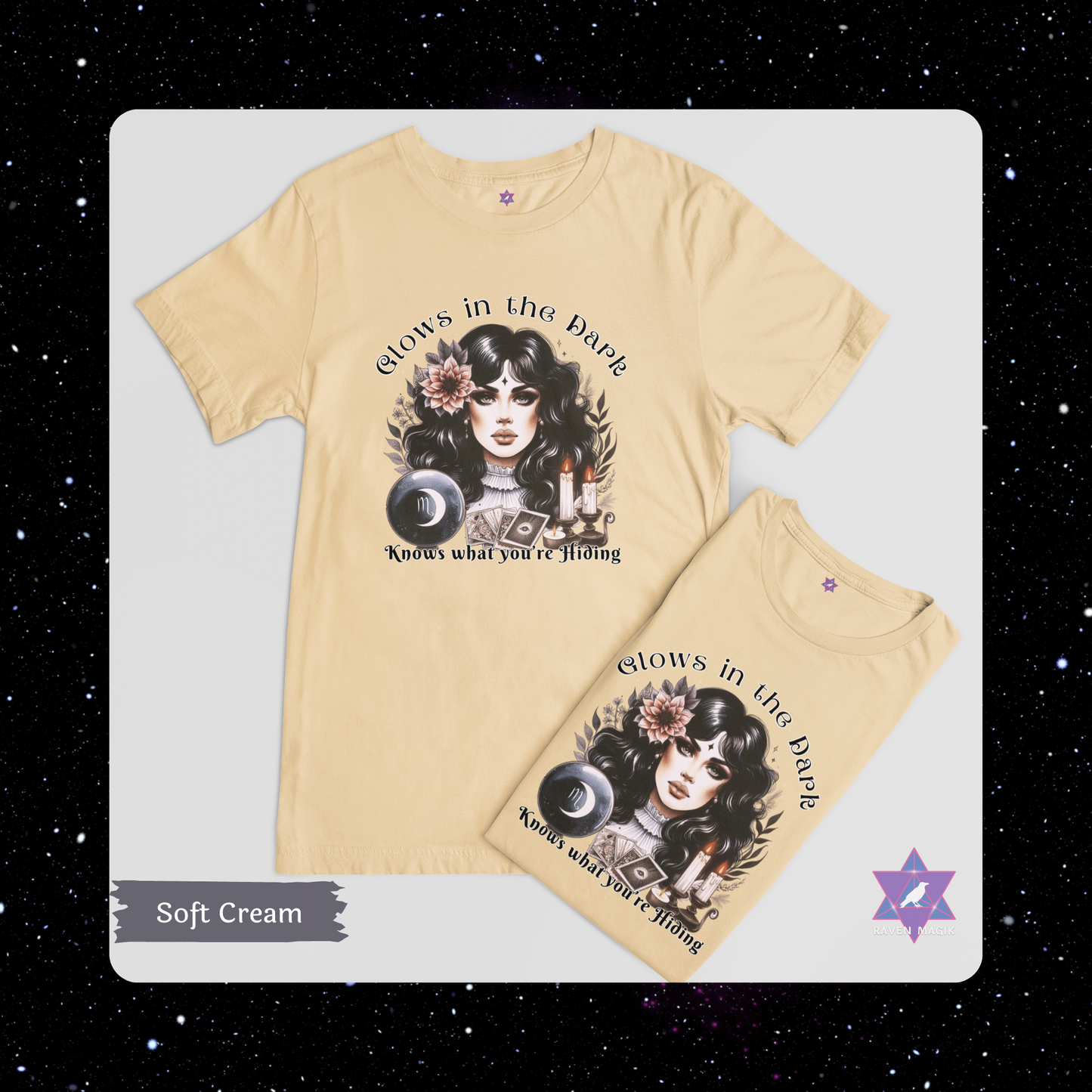 Soft Cream Color t-shirt with graphic design of a woman and text 'Glow in the dark Knows what you're hiding' on a white background.