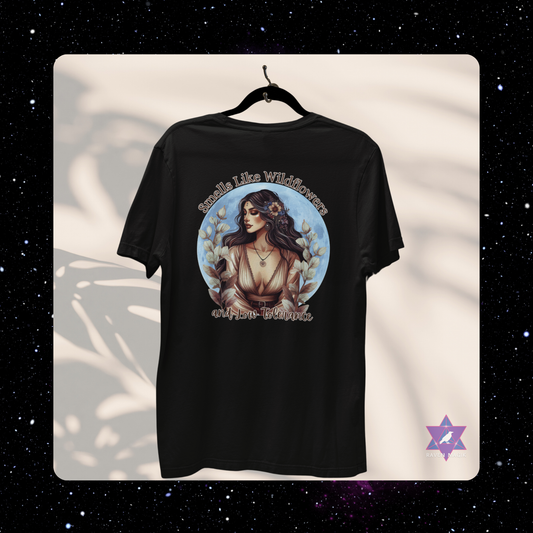 Black t-shirt with a graphic design of a woman and text on a white background. Taurus Archetype T-shirt with “Smells Like Wildflowers and Low Tolerance” slogan, styled for grounded, sensual energy and earthy elegance.