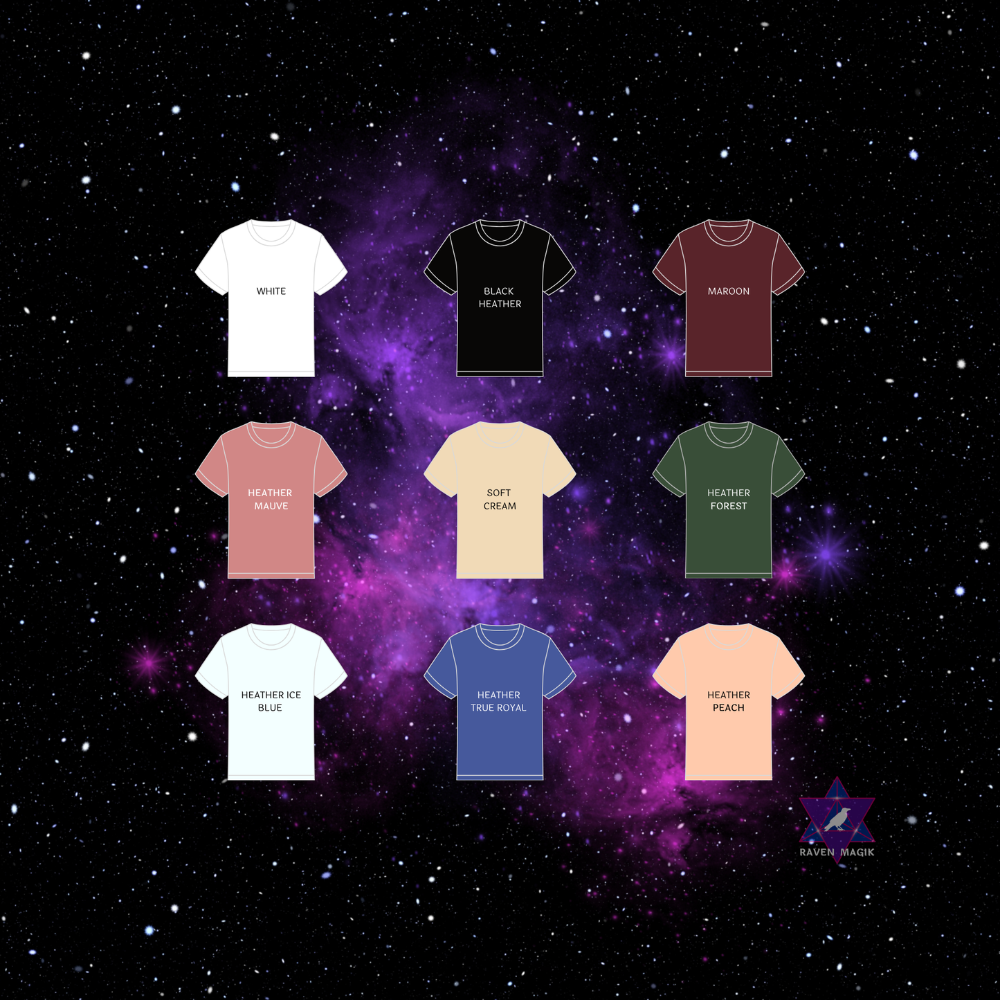 Collection of t-shirts in various colors with text on a starry space background