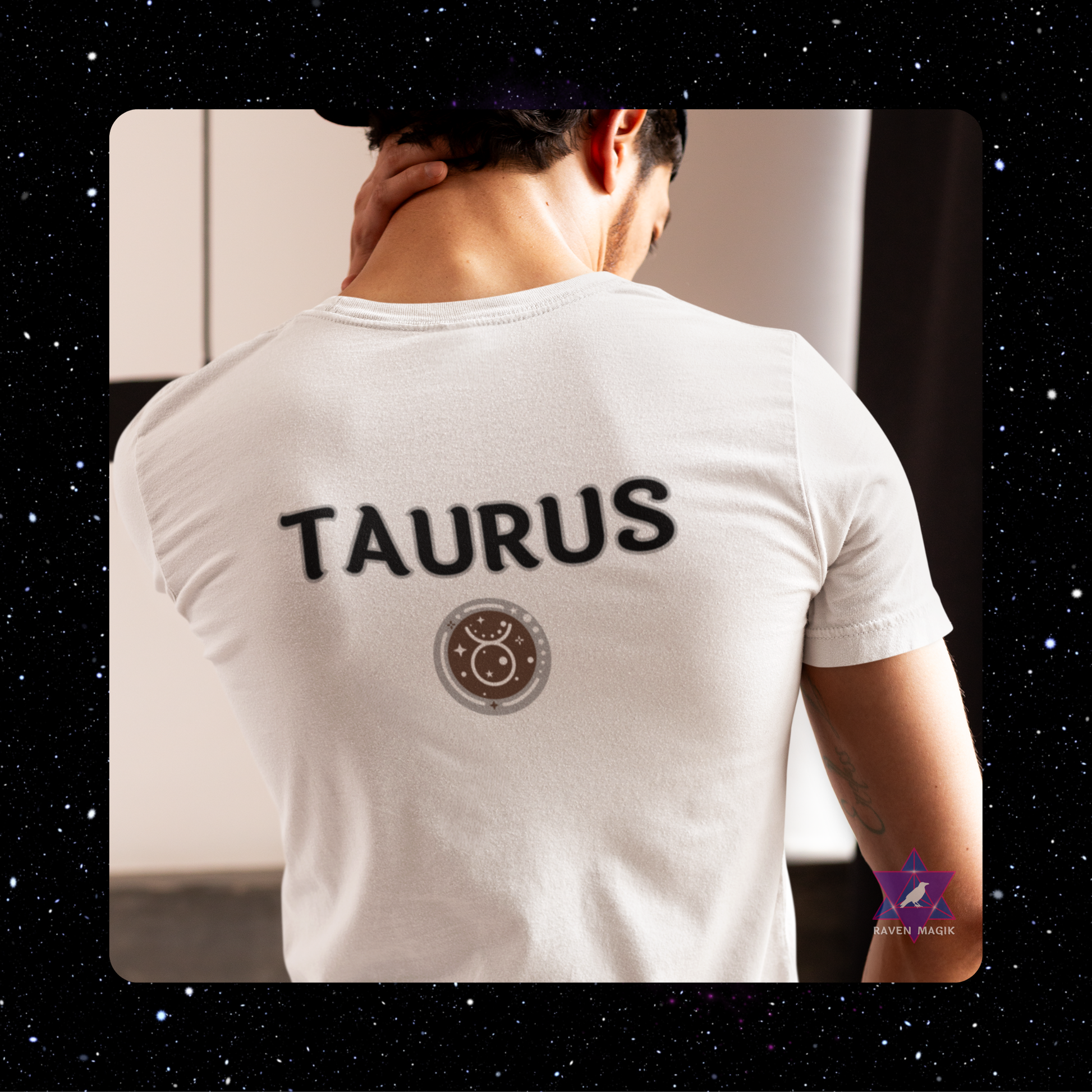Person wearing a white t-shirt with 'TAURUS' printed on the back, standing against a neutral background.