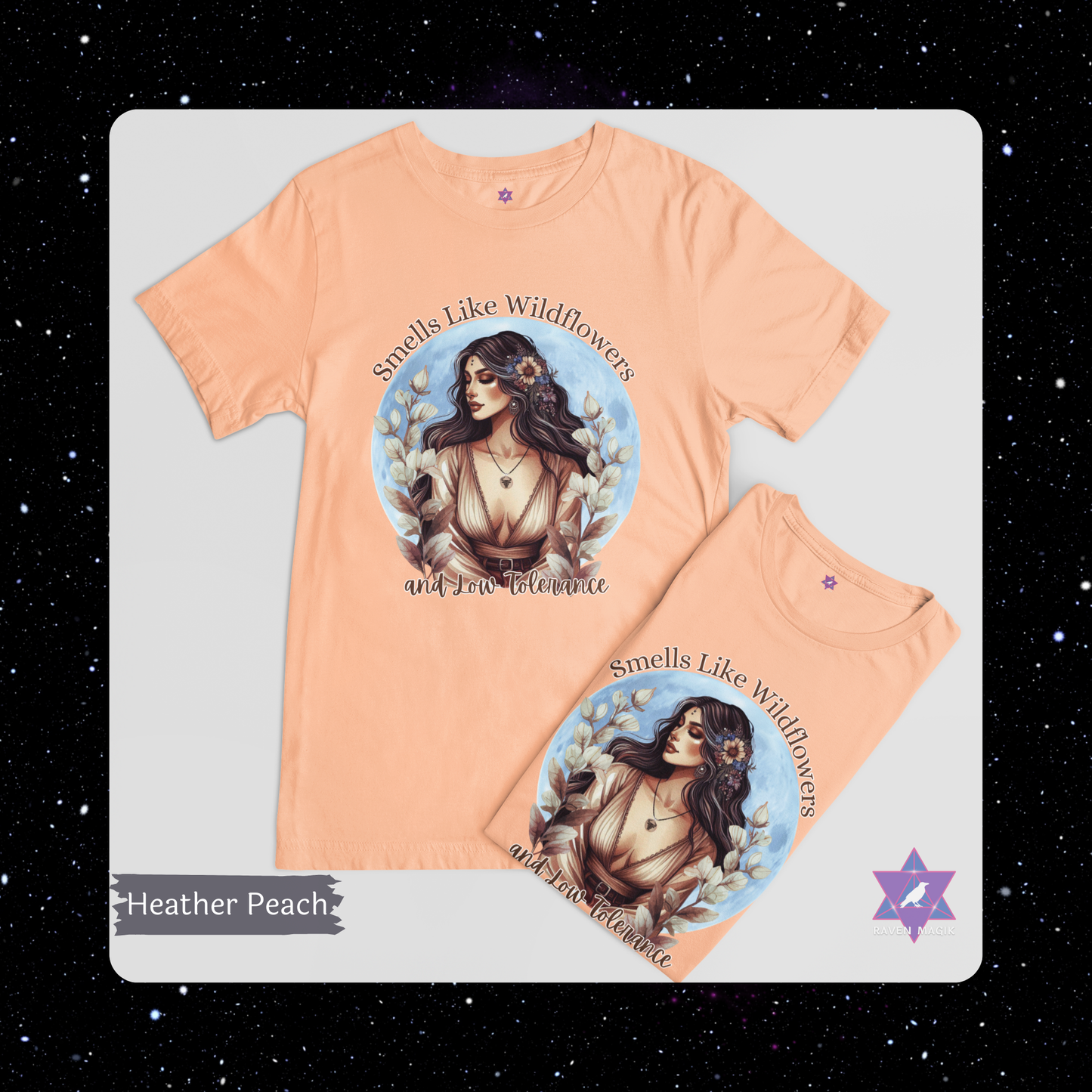Peach t-shirt with a graphic design of a woman and text on a white background. Taurus Zodiac T-shirt with “Smells Like Wildflowers and Low Tolerance” slogan, styled for grounded, sensual energy.