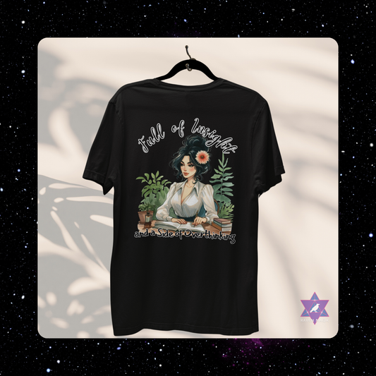 Black t-shirt with a graphic design of a woman, plants, and text on a white background. Virgo Archetype T-shirt with “Full of Insight and a Side of Overthinking” slogan, styled for analytical, introspective energy and meticulous charm.