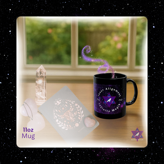 Black mug with a purple design on a wooden surface, surrounded by crystals and a window in the background.